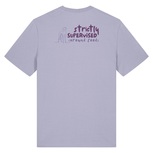 ‘strictly supervised (around food)’ t-shirt 100% organic cotton with breed specific customisation