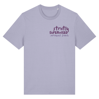 ‘strictly supervised (around food)’ t-shirt 100% organic cotton with breed specific customisation