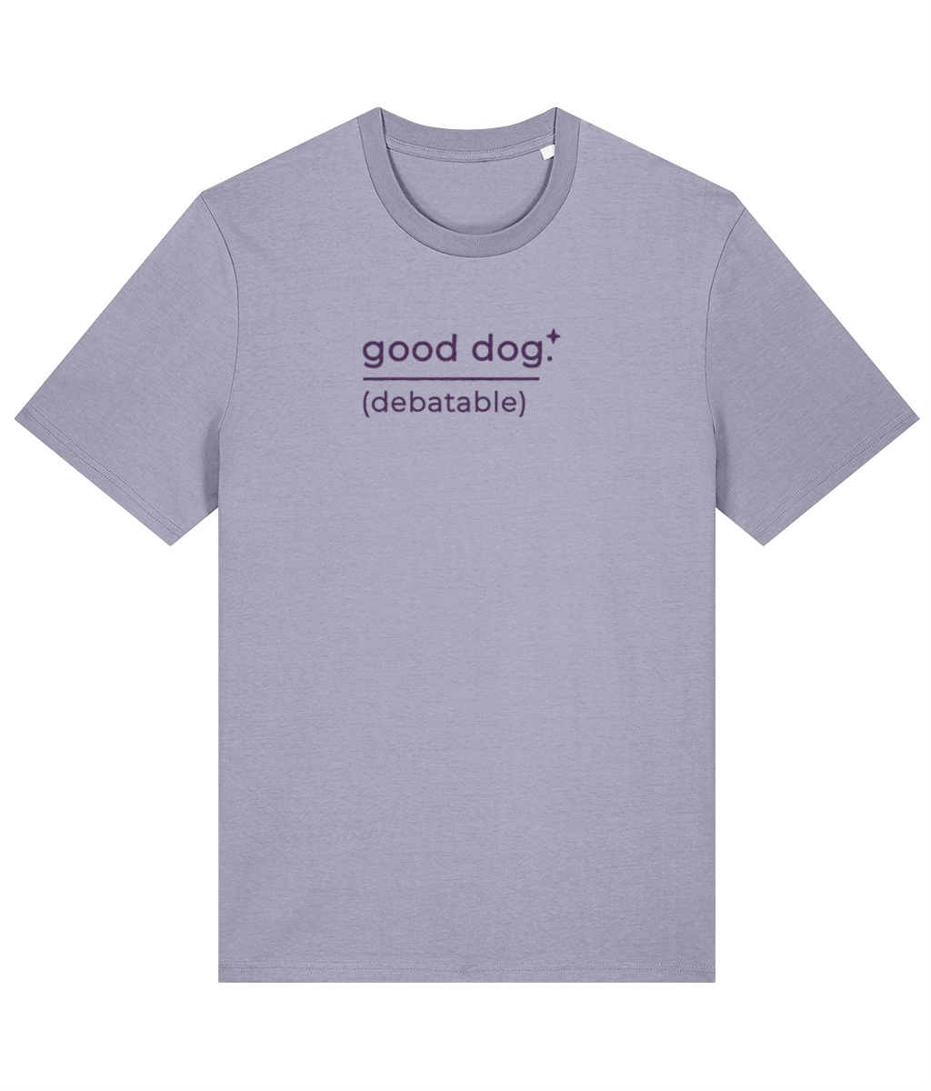 'good dog. (debatable)' slogan t-shirt with breed-specific outline
