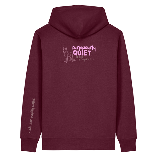 'suspiciously quiet (chaos in progress)’ Hoodie 100% organic cotton with breed specific customisation