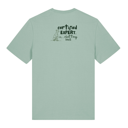 Finish Your Slogan ‘certified expert in...’ personalised t-shirt 100% organic cotton with breed-specific customisation