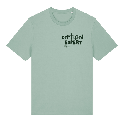 Finish Your Slogan ‘certified expert in...’ personalised t-shirt 100% organic cotton with breed-specific customisation