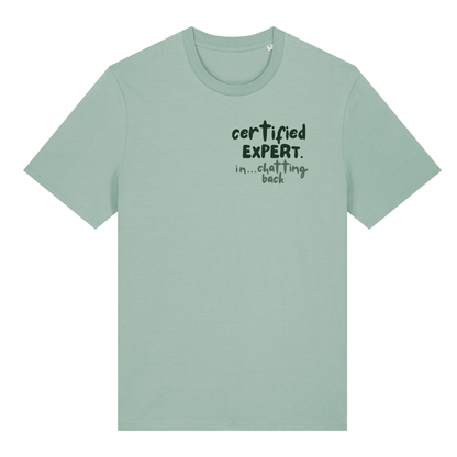 Finish Your Slogan ‘certified expert in...’ personalised t-shirt 100% organic cotton with breed-specific customisation