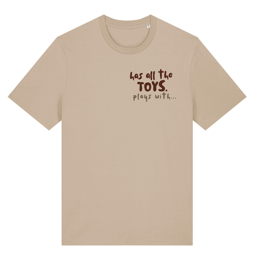 Finish Your Slogan ‘has all the toys, plays with...’ personalised t-shirt 100% organic cotton with breed-specific customisation