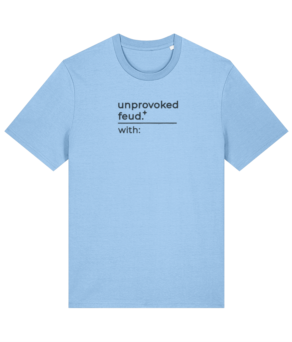 'unprovoked feud' customisable dog owner slogan t-shirt with back detail outline drawing