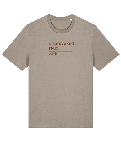 'unprovoked feud' customisable dog owner slogan t-shirt with back detail outline drawing