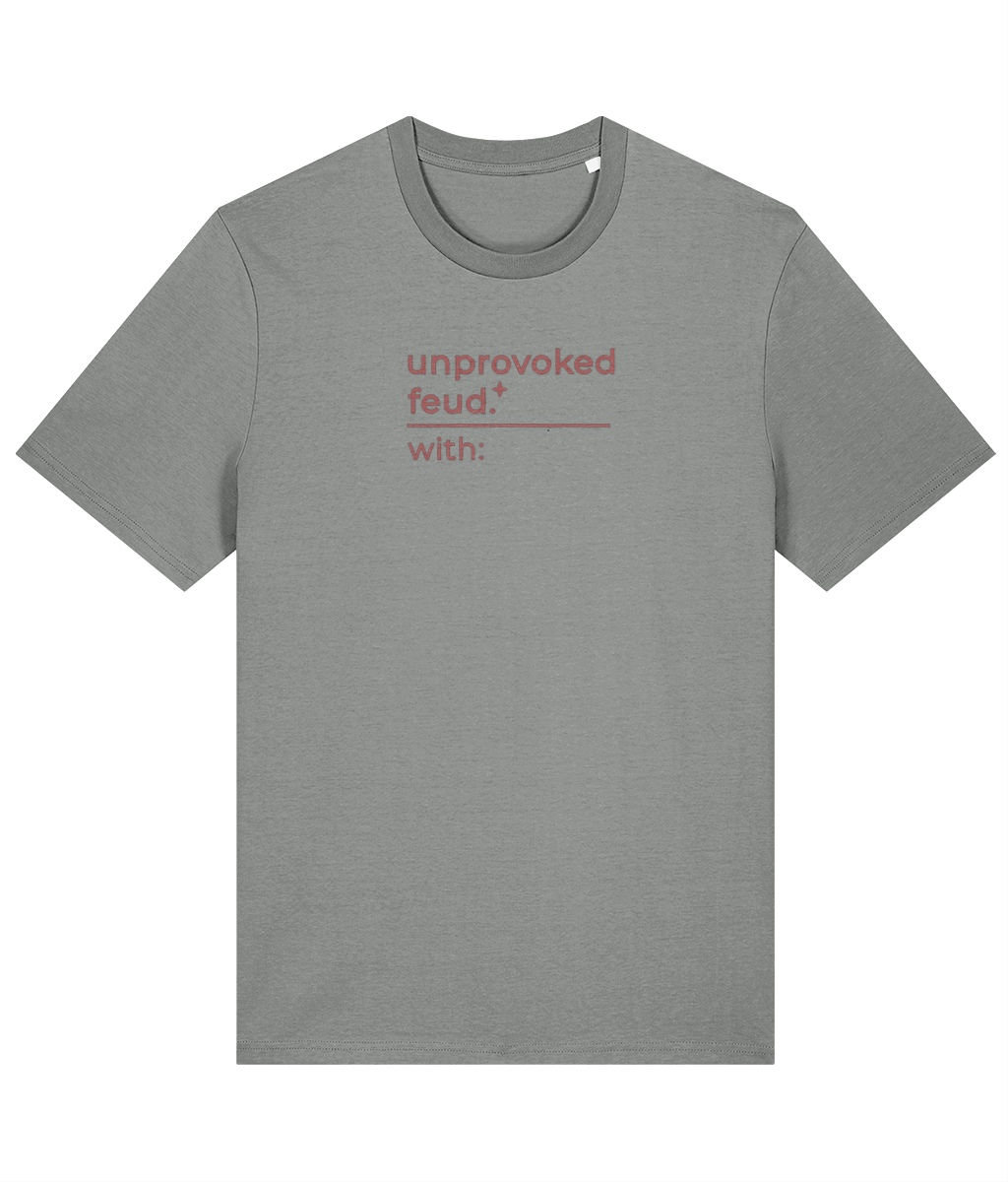 'unprovoked feud' customisable dog owner slogan t-shirt with back detail outline drawing
