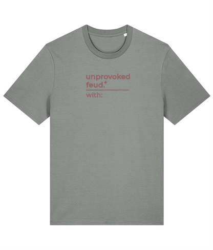 'unprovoked feud' customisable dog owner slogan t-shirt with back detail outline drawing