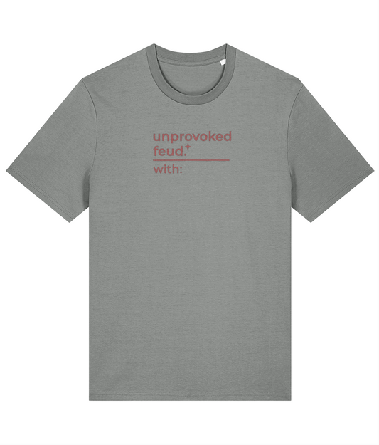 'unprovoked feud' customisable dog owner slogan t-shirt with back detail outline drawing
