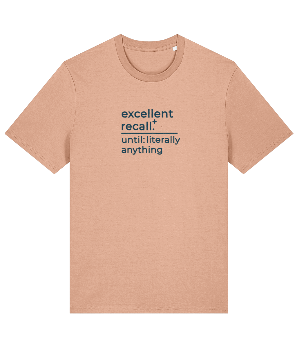 'excellent recall' customisable dog owner slogan t-shirt with back detail outline drawing