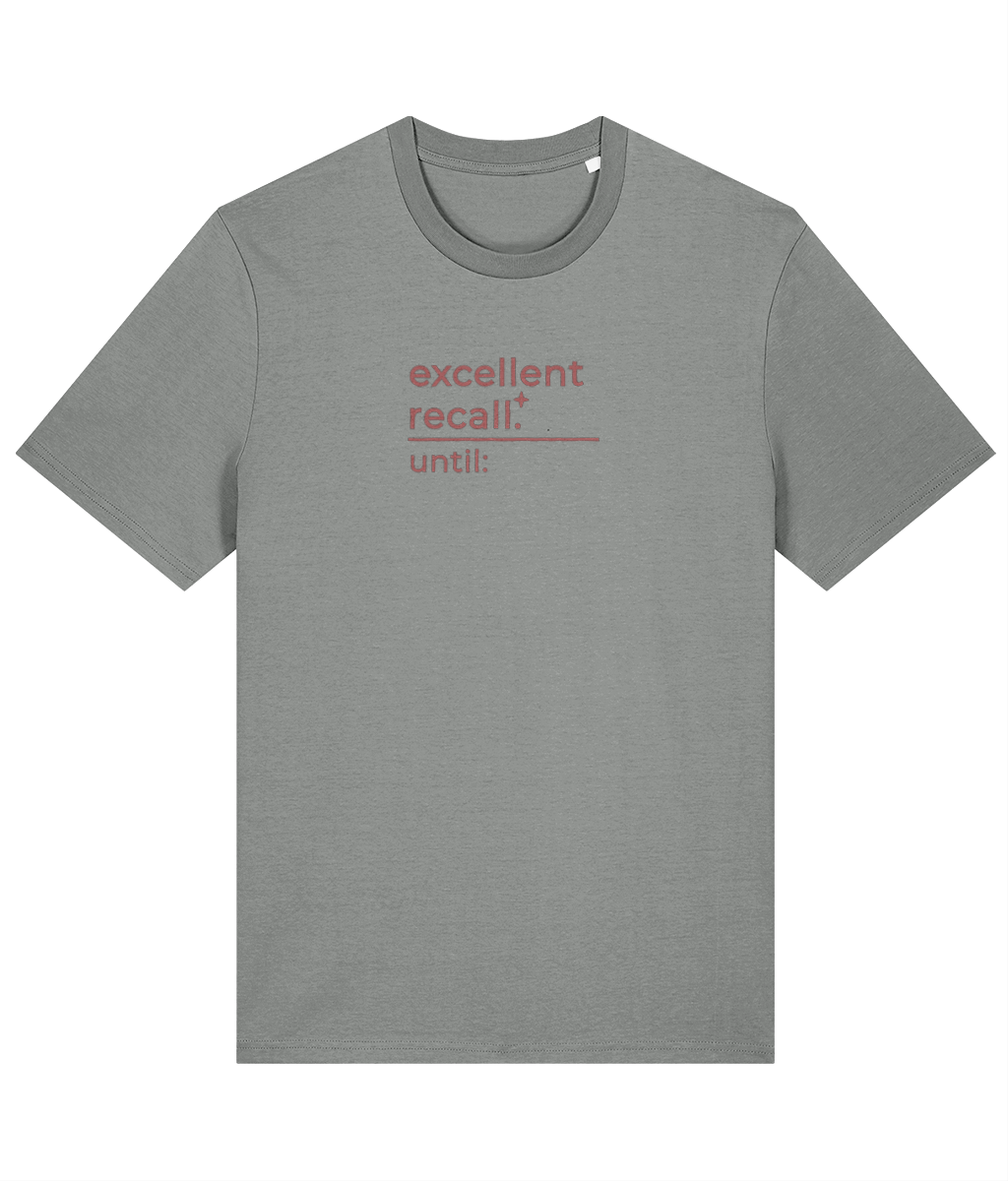 'excellent recall' customisable dog owner slogan t-shirt with back detail outline drawing