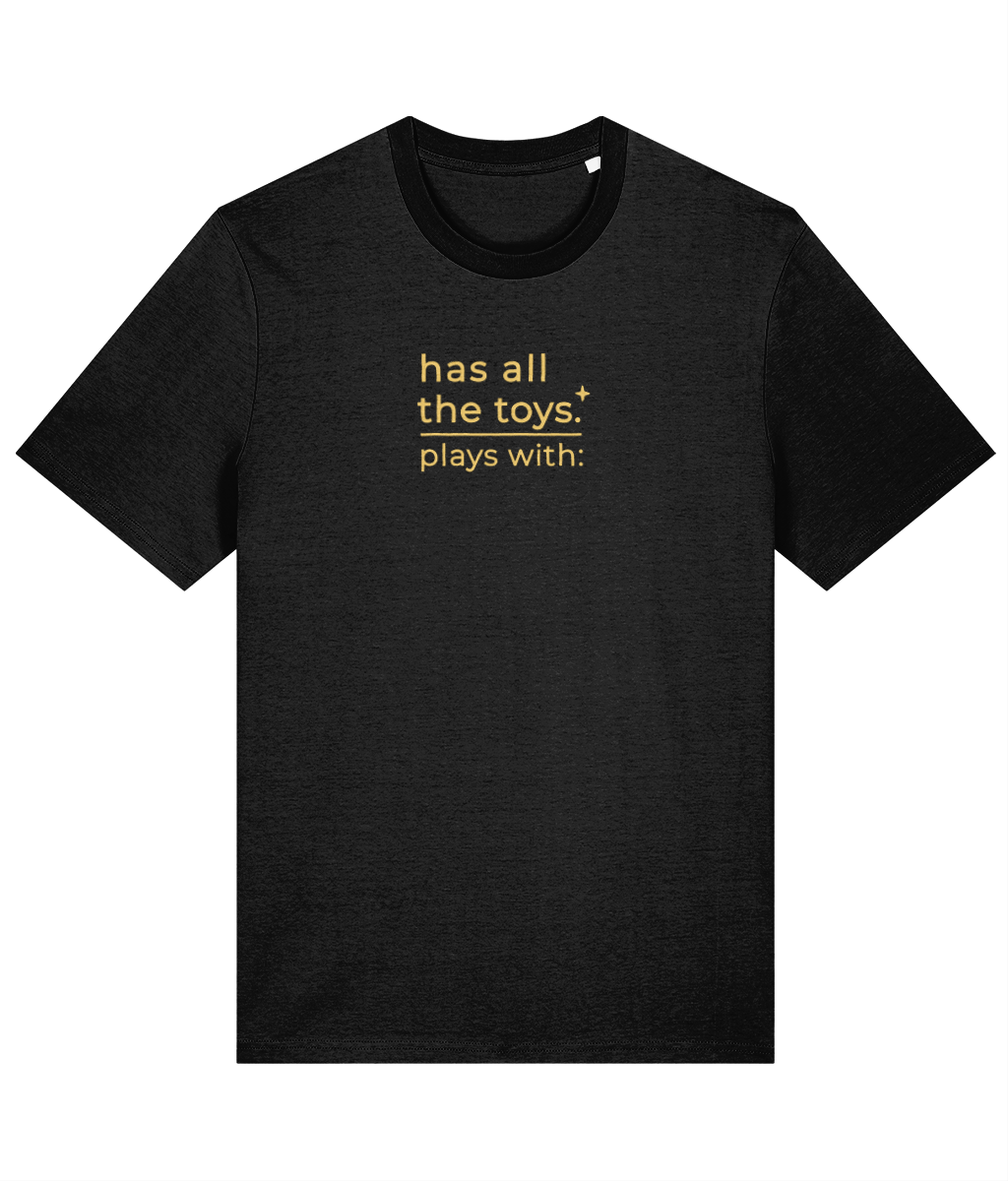 'all the toys' customisable dog owner slogan t-shirt with back detail outline drawing