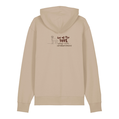 Finish Your Slogan ‘has all the toys, plays with…’ personalised Hoodie 100% organic cotton with breed-specific customisation