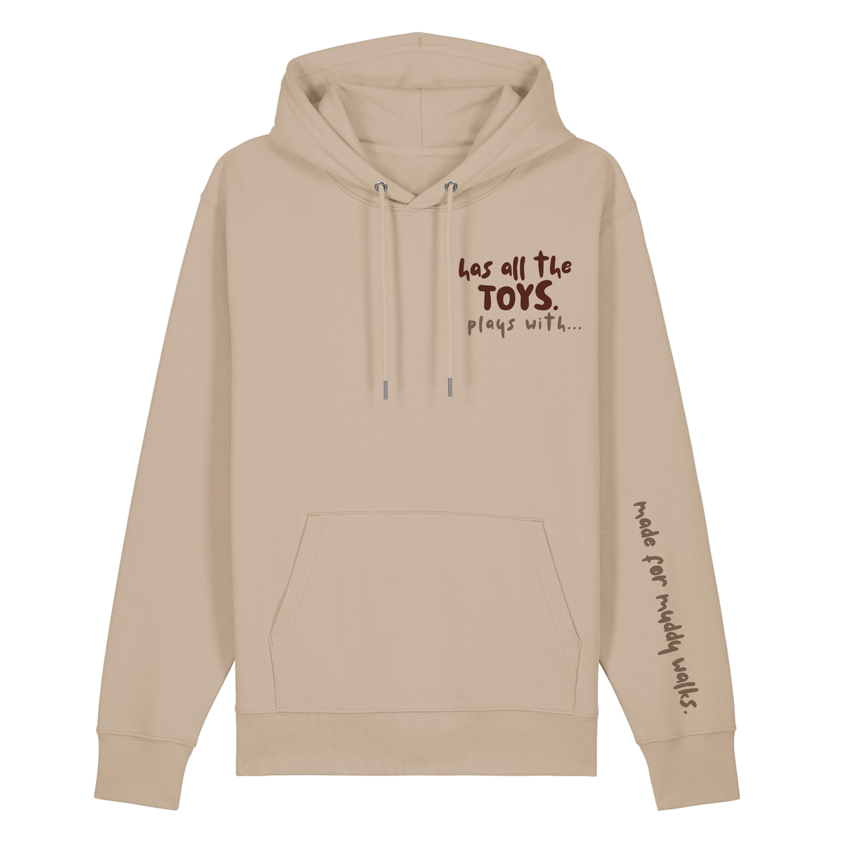 Finish Your Slogan ‘has all the toys, plays with…’ personalised Hoodie 100% organic cotton with breed-specific customisation
