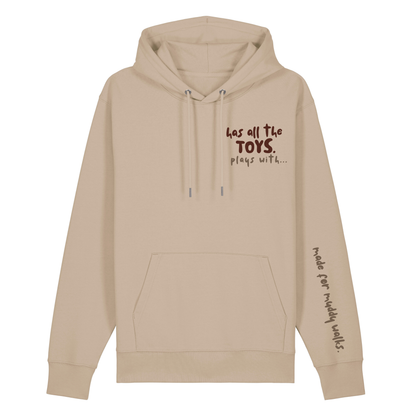 Finish Your Slogan ‘has all the toys, plays with…’ personalised Hoodie 100% organic cotton with breed-specific customisation
