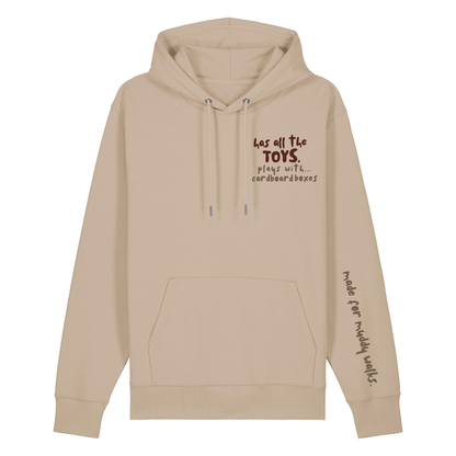 Finish Your Slogan ‘has all the toys, plays with…’ personalised Hoodie 100% organic cotton with breed-specific customisation