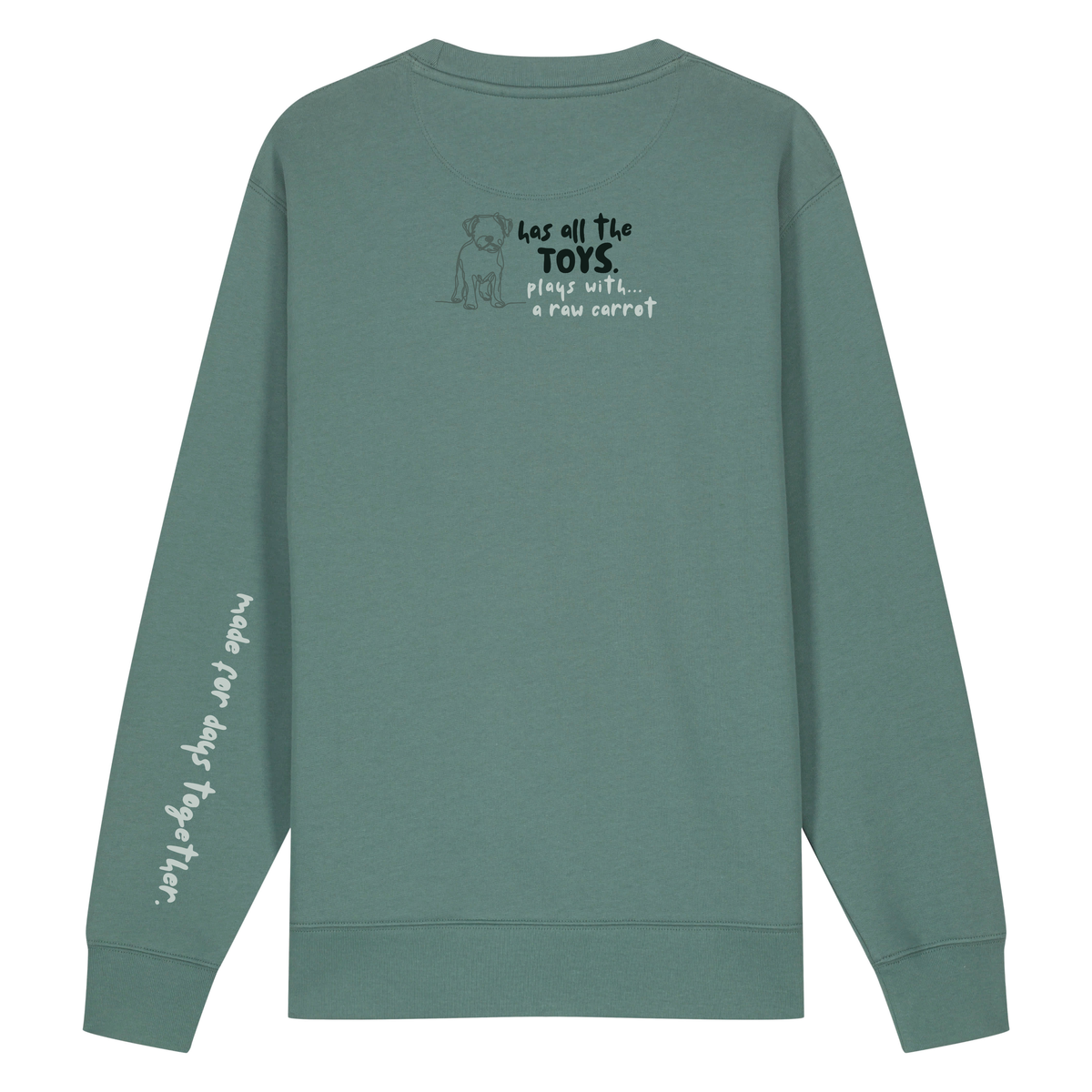 Finish Your Slogan ‘has all the toys, plays with…’ personalised Sweatshirt 100% organic cotton with breed-specific customisation