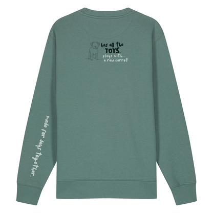 Finish Your Slogan ‘has all the toys, plays with…’ personalised Sweatshirt 100% organic cotton with breed-specific customisation