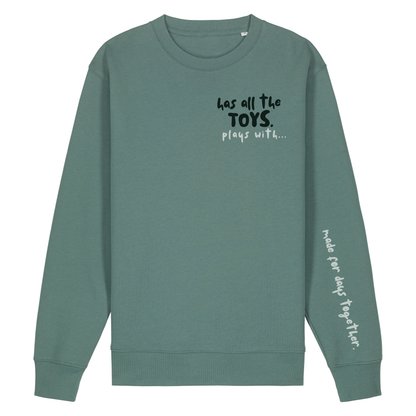 Finish Your Slogan ‘has all the toys, plays with…’ personalised Sweatshirt 100% organic cotton with breed-specific customisation