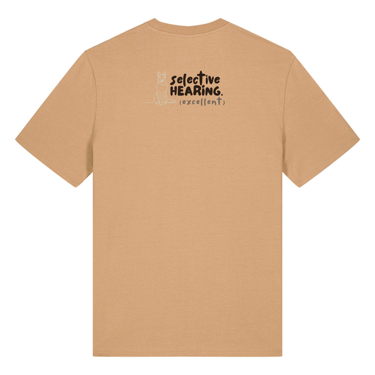 ‘selective hearing (excellent)’ t-shirt 100% organic cotton with breed specific customisation
