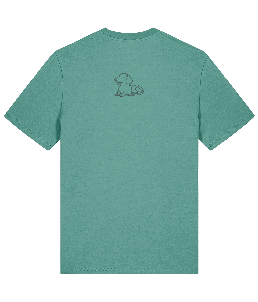 'excellent recall' customisable dog owner slogan t-shirt with back detail outline drawing